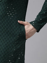 Men Green Floral Embroidered Sequin Rayon Kurta