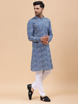Men Blue Pure Cotton Printed Straight Kurta With pyjama
