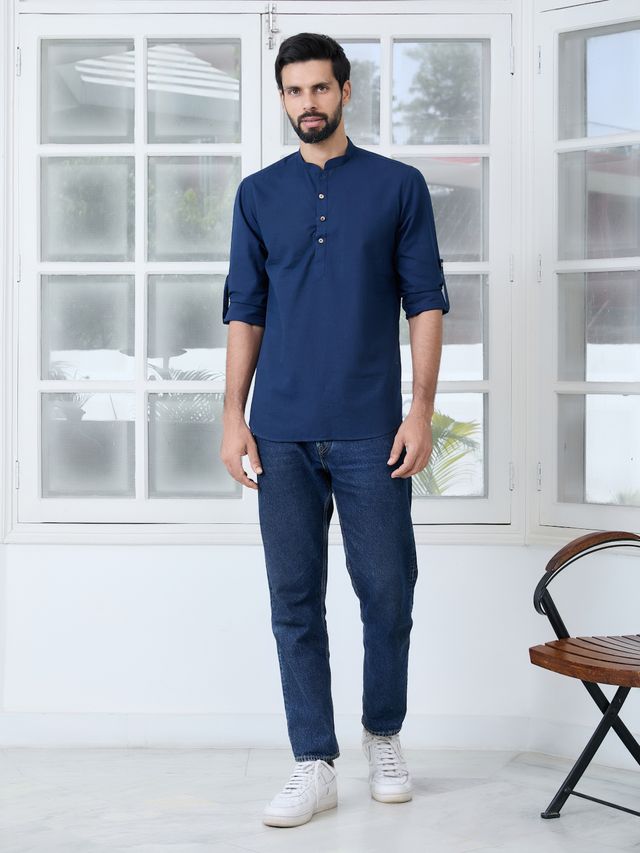 Men Pack Of 2 Navy Blue & Pink Cotton Solid Short Kurta