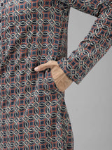 Men Blue And Beige Printed Thread Work Indigo Kurta