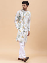 Men White & Mustard Pure Cotton Printed Straight Kurta With pyjama
