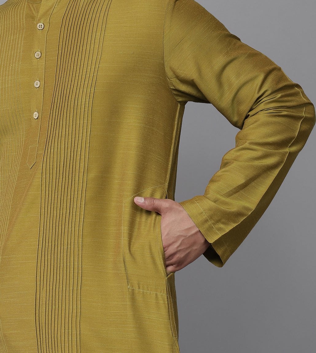 Men Mustard Cotton Silk Straight Kurta