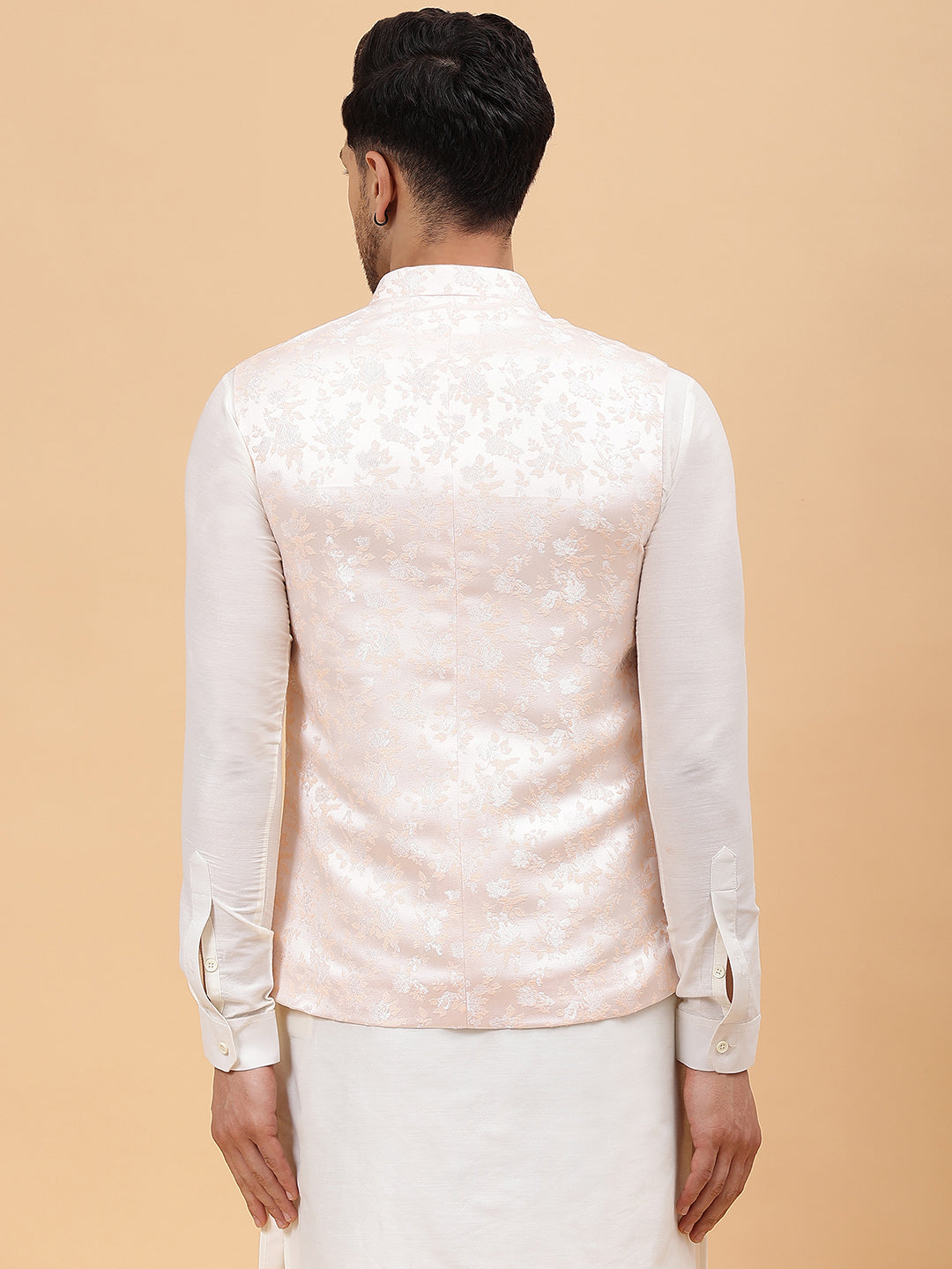 Men Peach Woven Design Jacquard Nehru Jacket