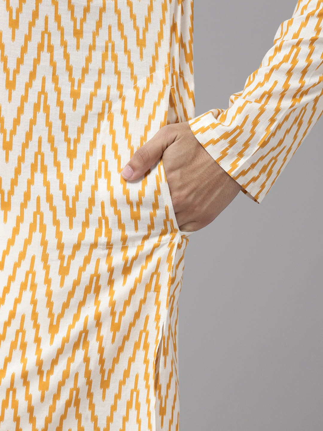 Men White & Mustard Pure Cotton Embroidered Straight Kurta