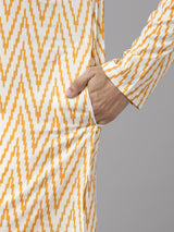 Men White & Mustard Pure Cotton Embroidered Straight Kurta