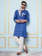 Men Blue And Off White Printed Kurta
