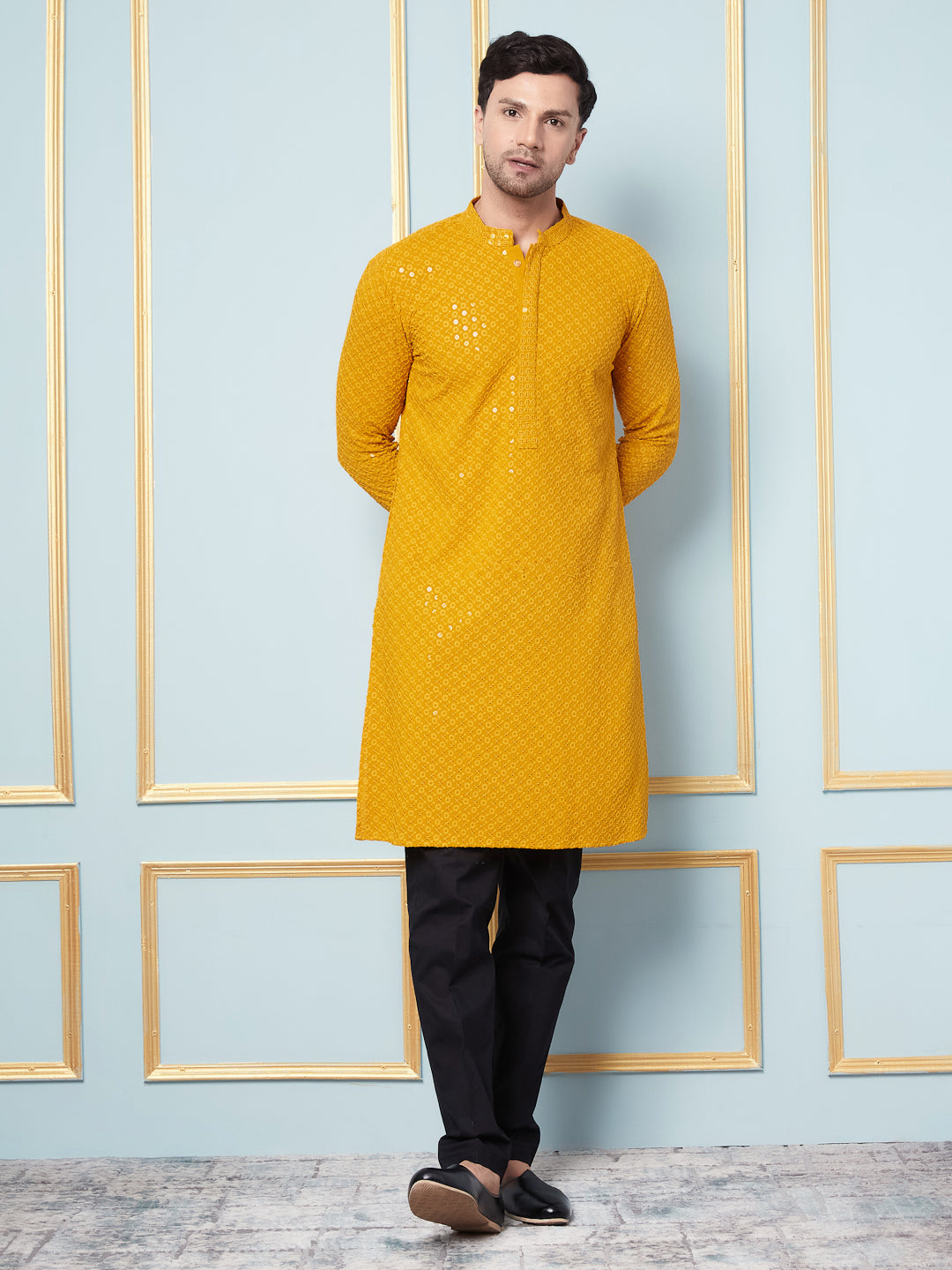 Men Golden Sunrise Embroidered Sequined Rayon Kurta