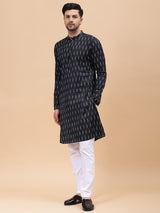 Men Black & White Pure Cotton Printed Straight Kurta With pyjama