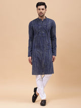 Men Navy Blue Pure Cotton Printed Straight Kurta With pyjama