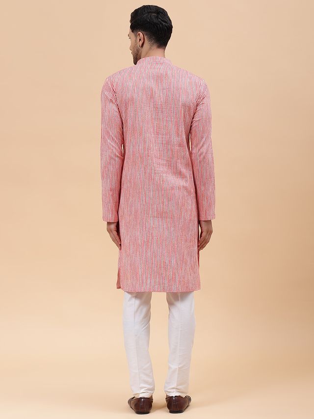 Men Pink Stripe Pure Cotton Printed Straight Kurta With pyjama