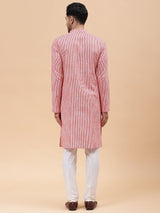 Men Pink Stripe Pure Cotton Printed Straight Kurta With pyjama