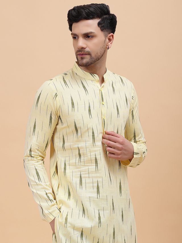 Men Cream & Green Pure Cotton Printed Straight Kurta With pyjama