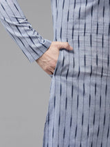 Men Blue with Dark Blue Stripes Pure Cotton Printed Straight Kurta With Pajama