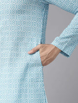 Men Blue & White-Coloured Printed Pure Cotton Straight Kurta