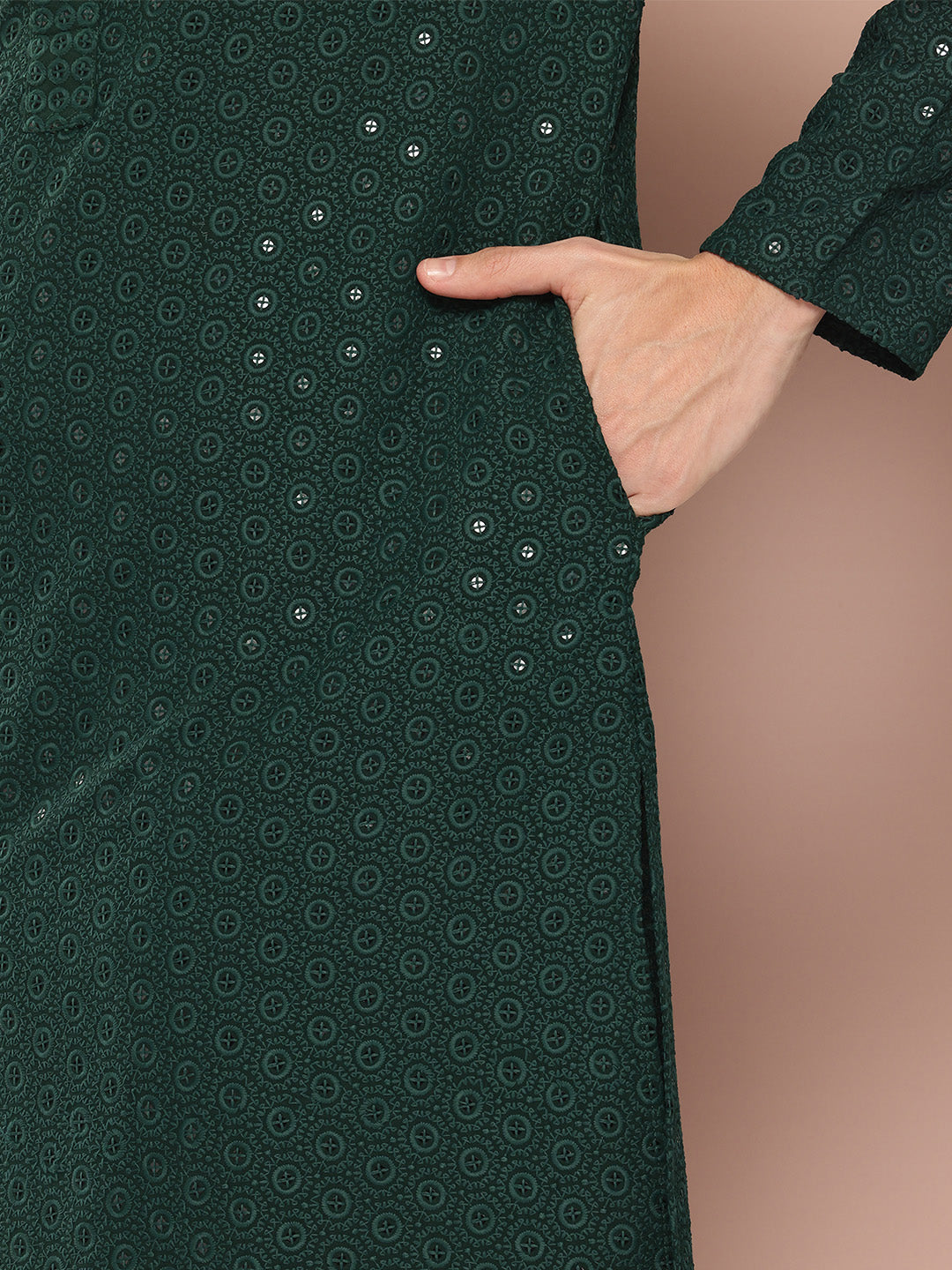 Men Green Embroidered Sequin Rayon Kurta
