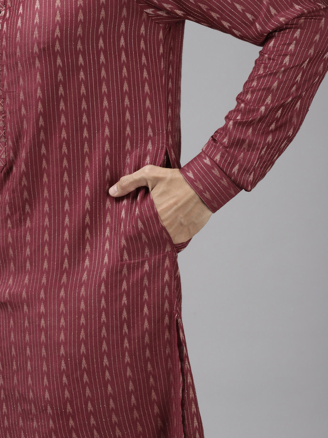 Men Burgundy & Beige Woven Design Thread Work Kurta