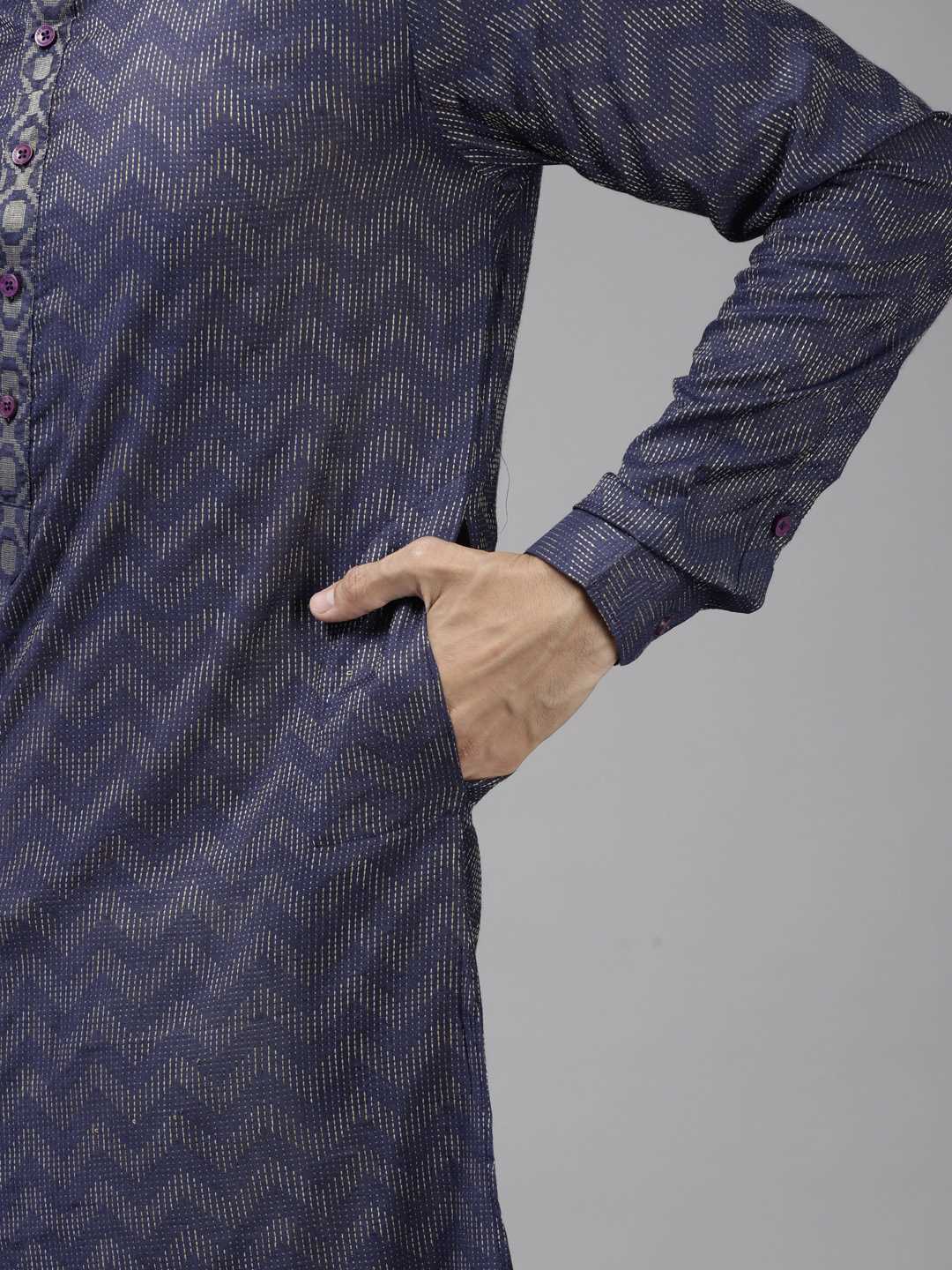 Men Blue & Beige Wave Woven Design Thread Work Kurta