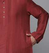 Men Red Cotton Silk Straight Kurta