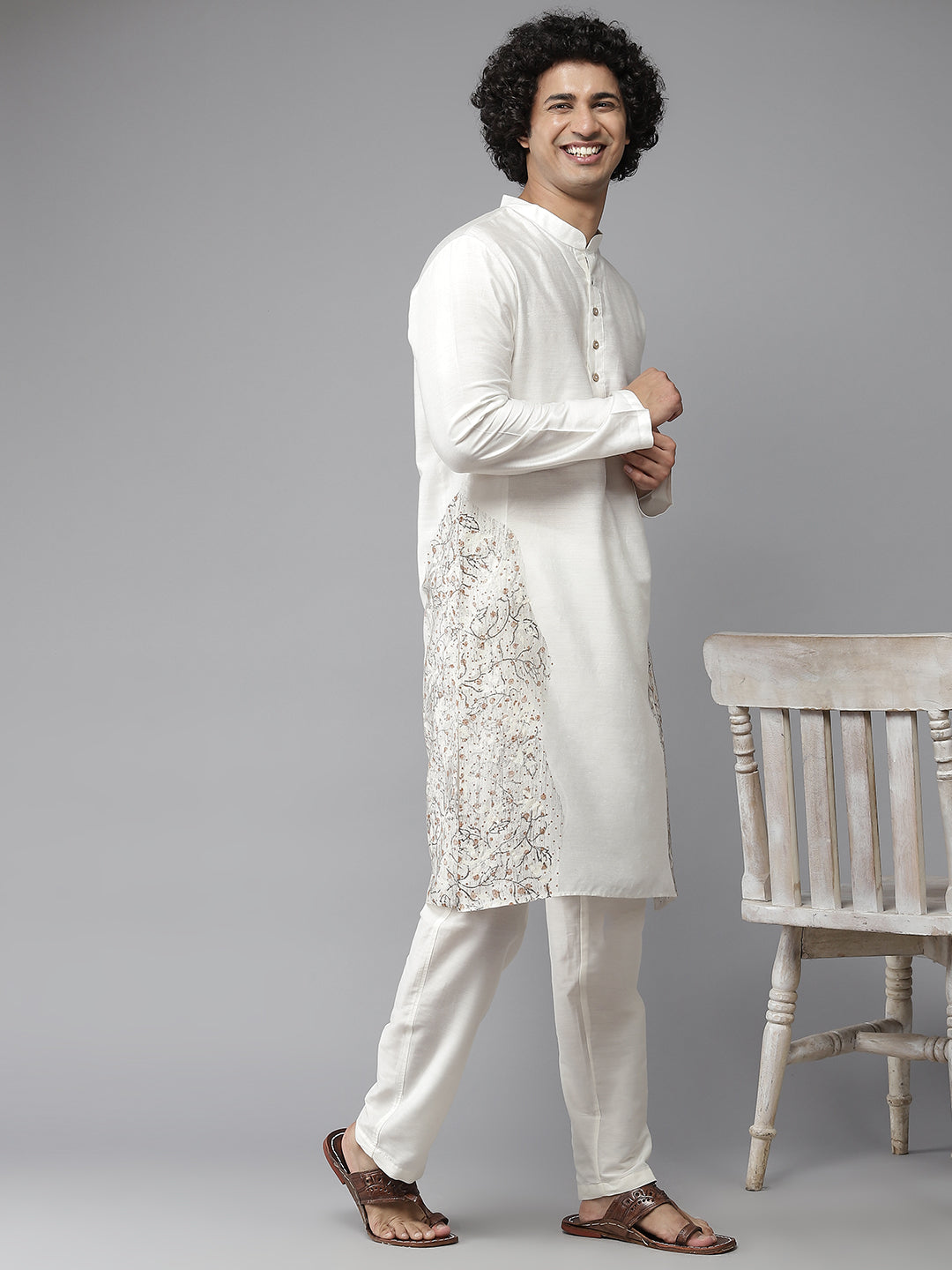 Men Off-White Cotton Silk Straight Kurta