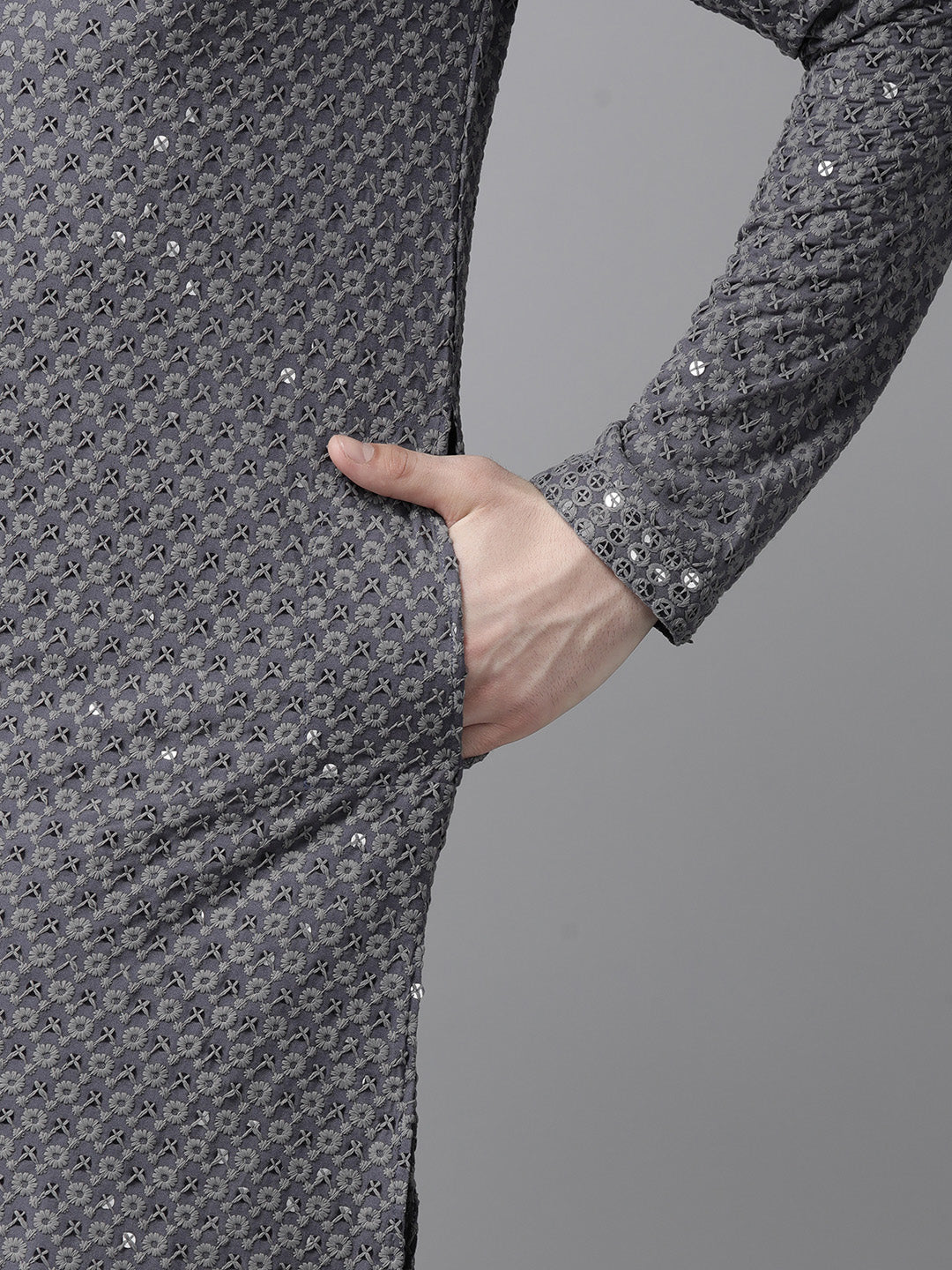 Men Grey Floral Embroidered Sequin Rayon Kurta