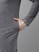 Men Grey Floral Embroidered Sequin Rayon Kurta