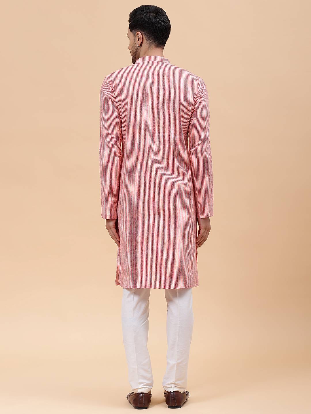 Men Pink Stripe Pure Cotton Printed Straight Kurta With Pajama