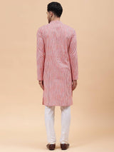 Men Pink Stripe Pure Cotton Printed Straight Kurta With Pajama