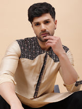 Men Gold & Black Silk Woven Design Straight Kurta With pyjama