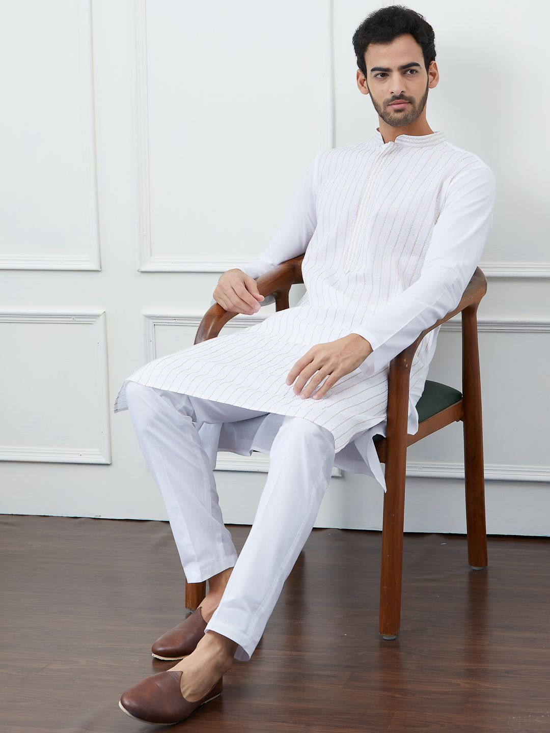 Classic White Cotton Gold Thread Work & Sequence Kurta