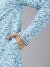 Men Blue & White Sapphire Printed Straight Kurta With Pajama