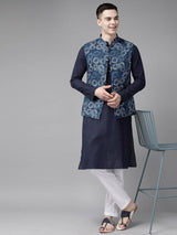 Men Blue & Beige Printed Pure Cotton Kurta Pajama With Nehru Jacket