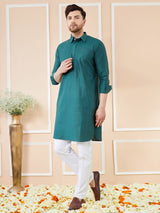 Men Green Cotton Solid Pathani Kurta