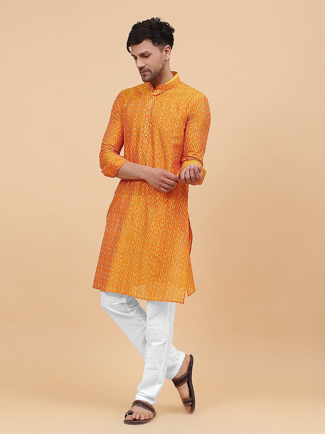 Men Orange and White Printed Kurta With pyjama