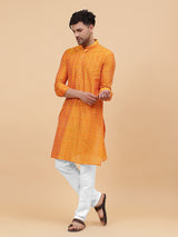 Men Orange and White Printed Kurta With pyjama