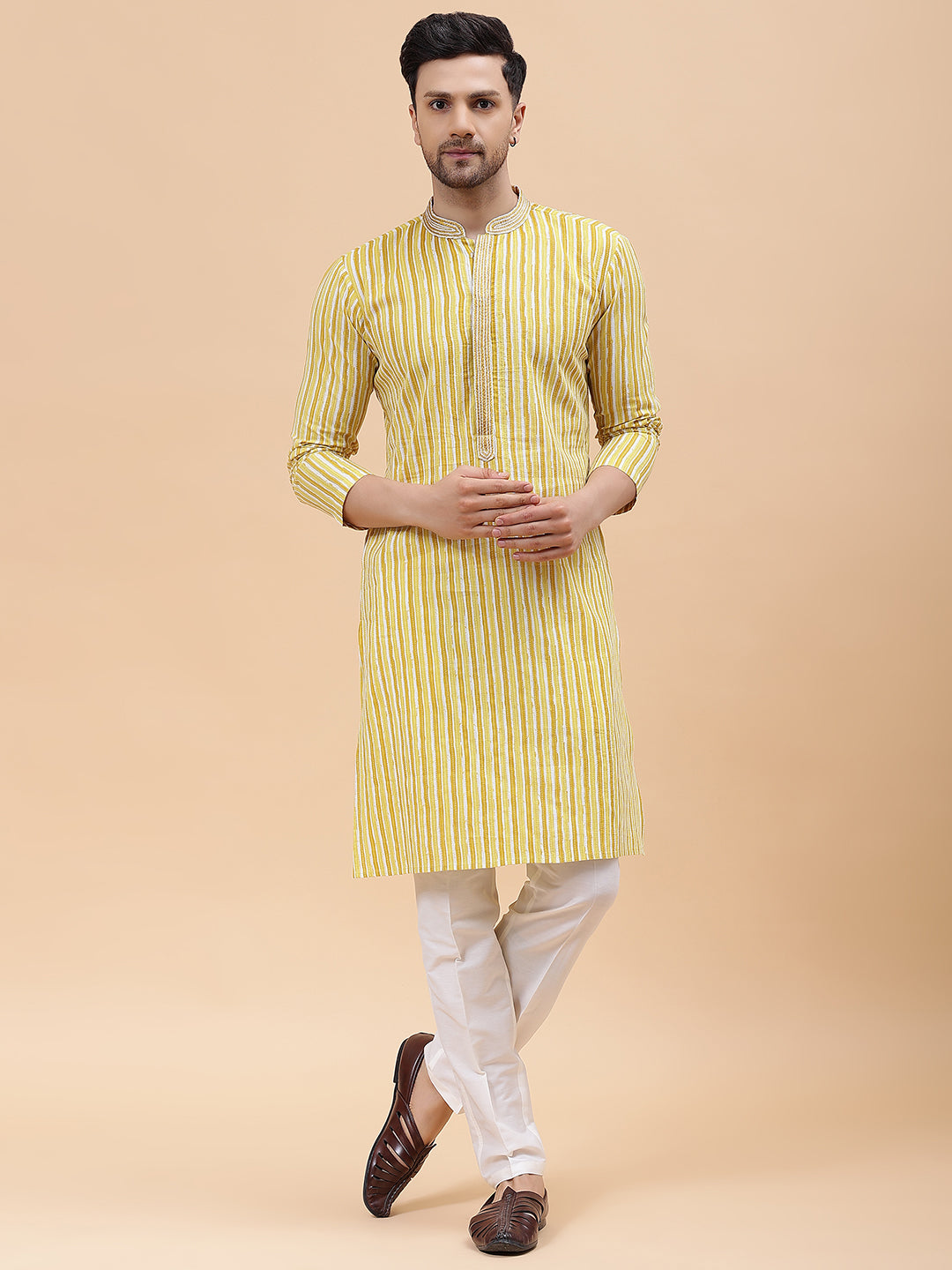 Men Gold & White Pure Cotton Embroidered Straight Kurta With pyjama
