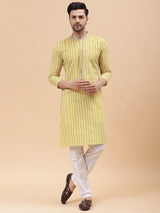 Men Gold & White Pure Cotton Embroidered Straight Kurta With pyjama