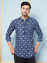 Men Blue & White Printed Cotton Short Kurta