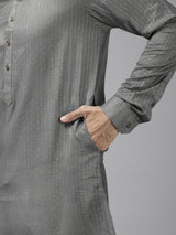 Men Grey & Beige Toned Woven Design Thread Work Kurta