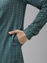 Men Teal & Beige Woven Design Thread Work Kurta