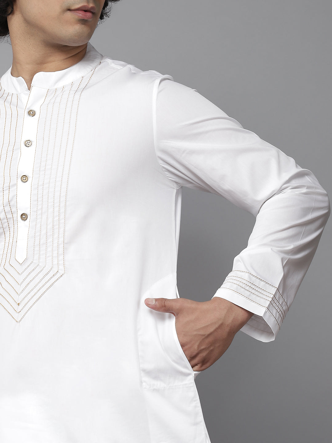 Men White Yoke Design Straight Kurta