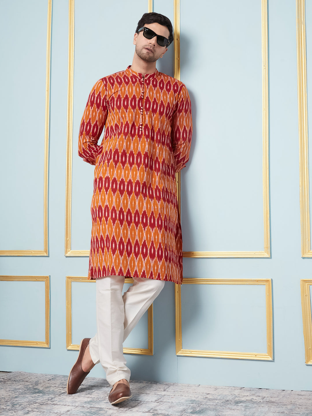 Men Mustard And Orange Ikat Printed Kurta