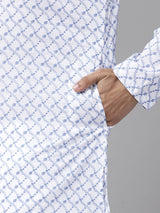 Men White with Blue Lattice Pattern Pure Cotton Embroidered Straight Kurta With Pajama