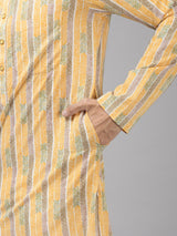 Men Yellow Self Printed Pure Cotton Straight Kurta With Pajama