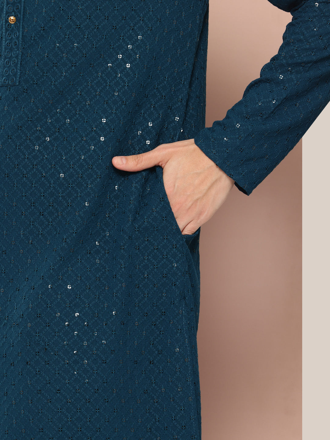 Men Teal Embroidered Sequin Rayon Kurta