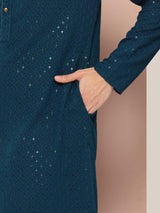 Men Teal Embroidered Sequin Rayon Kurta