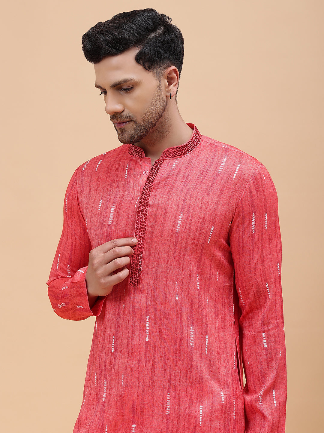 Men Pink & White Silk Woven Design Straight Kurta