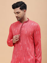 Men Pink & White Silk Woven Design Straight Kurta