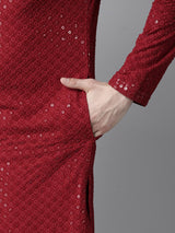 Men Maroon Floral Embroidered Sequined Rayon Kurta