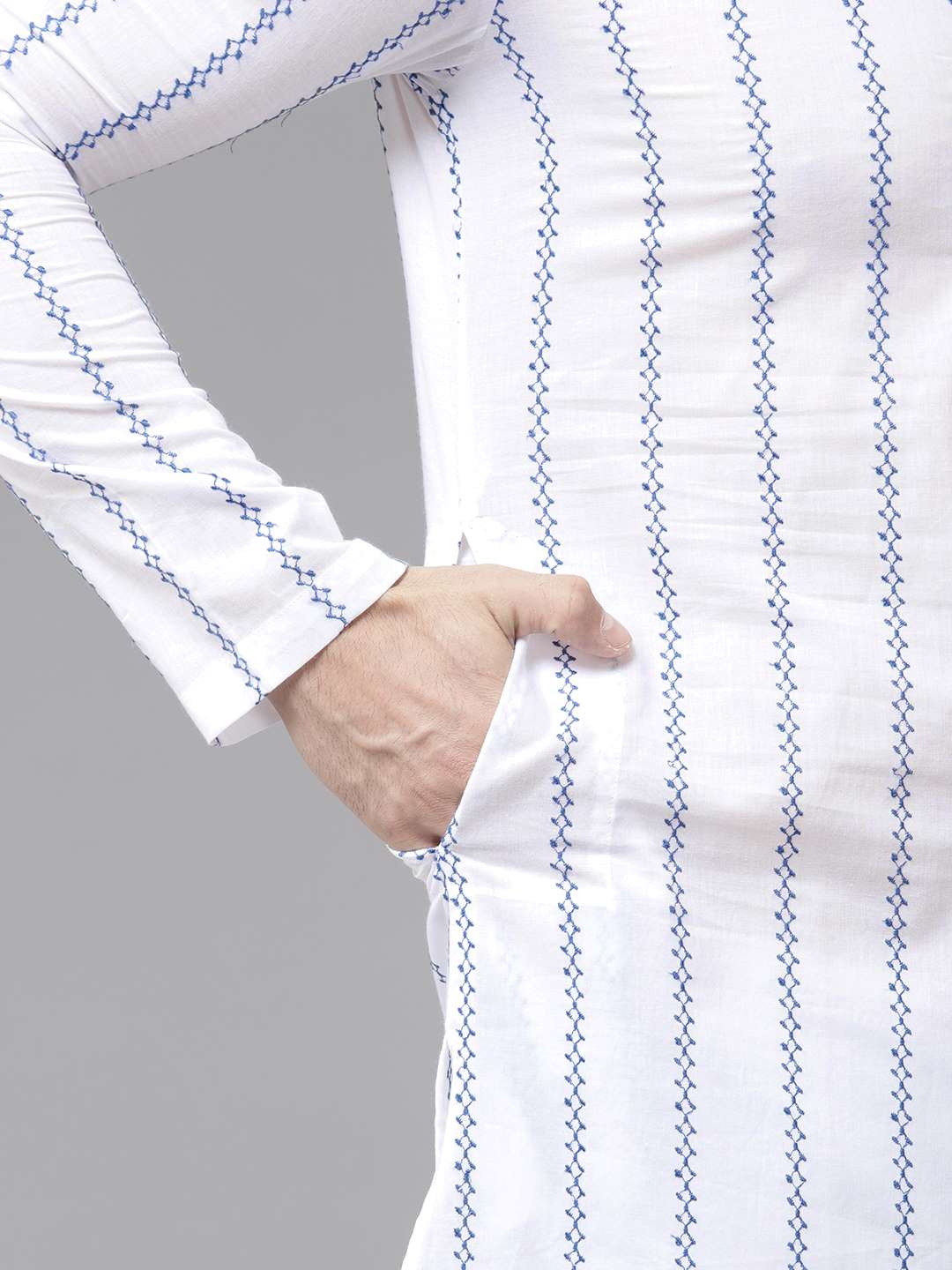 Men White with Blue Striped Pattern Pure Cotton Embroidered Straight Kurta With Pajama