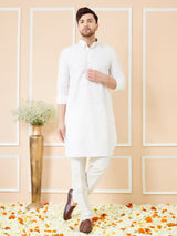 Men Off White Cotton Solid Pathani Kurta